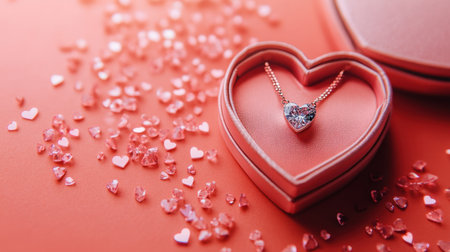 A beautifully arranged heart-shaped jewelry box features a stunning necklace, surrounded by delicate pink confetti on a vibrant coral background, perfect for romantic occasions.の素材