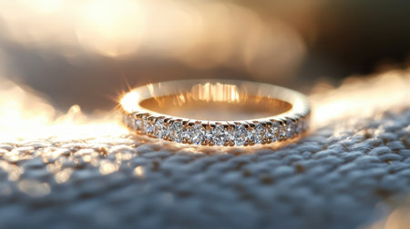 This stunning gold ring features a row of sparkling diamonds and rests gracefully on soft fabric. Perfect for wedding or engagement themes.の素材