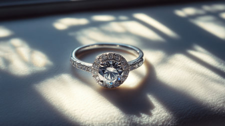 This stunning diamond ring features a halo design with a round gemstone that sparkles beautifully. Captured in natural light, it highlights elegance and craftsmanship.の素材