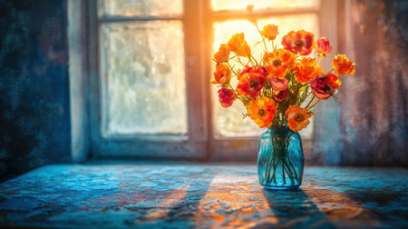 A stunning arrangement of vibrant flowers in a vintage glass vase, set against the backdrop of an old window with warm sunlight illuminating the scene.の素材
