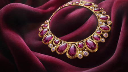 This exquisite gold necklace features stunning red gemstones set against a rich velvet background, perfect for showcasing luxury and elegance in fashion photography.の素材