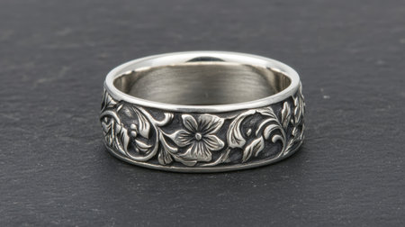 This stunning silver ring features a beautiful floral engraving, showcasing intricate artistry and craftsmanship. Perfect for weddings or special occasions.の素材