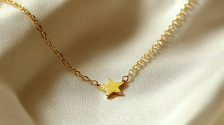 A stunning gold star necklace rests gracefully on soft cream fabric, showcasing its elegant design and perfect for stylish outfits and gifts.の素材