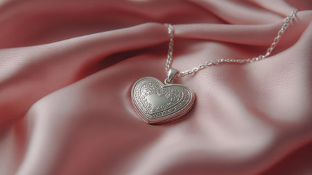 A beautifully crafted silver heart pendant rests gracefully on soft pink satin fabric, creating a perfect romantic and elegant aesthetic for jewelry lovers.の素材