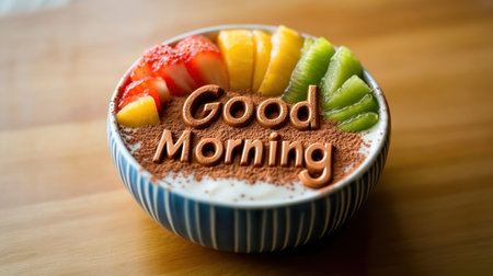 A vibrant breakfast bowl featuring fresh fruits like strawberries, peaches, and kiwis, adorned with cocoa powder and a cheerful 'Good Morning' message, perfect for a bright start.の素材