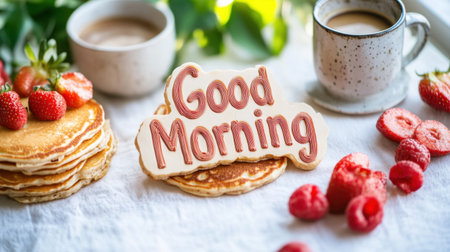 Delight in this cheerful breakfast scene featuring fluffy pancakes, fresh strawberries and raspberries, and steaming coffee. A charming Good Morning sign adds warmth.の素材