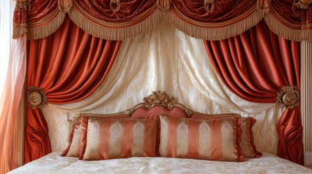 This image captures an elegant bedroom adorned with luxurious drapery and an ornate headboard, creating a warm and inviting atmosphere.の素材