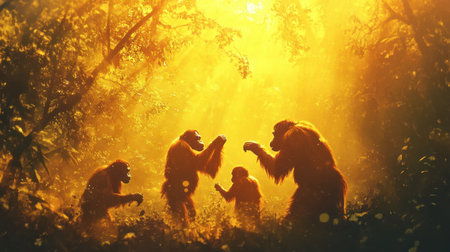 A captivating scene of monkeys engaging playfully in a vibrant jungle filled with golden sunlight. The lush environment highlights their natural behaviors in a serene setting.の素材