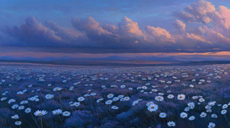 A captivating landscape featuring a field of daisies under a stunning sunset sky, showcasing vibrant colors and dramatic cloud formations, evoking serenity.の素材