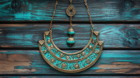 This captivating vintage necklace features intricate detailing and a striking turquoise accent, beautifully displayed against a rustic wooden background.の素材