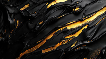 This striking abstract artwork features a luxurious interplay of black and gold, showcasing smooth, glossy textures that create a captivating visual experience.の素材