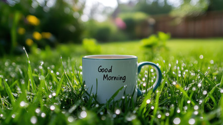 A charming scene capturing a coffee mug with "Good Morning" text surrounded by dew-kissed grass in a vibrant garden, evoking warmth and tranquility.の素材