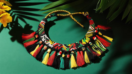 This vibrant necklace features colorful tassels and intricate patterns, perfect for adding a bold statement to any outfit. The artistic design celebrates ethnic craftsmanship and contemporary style.の素材