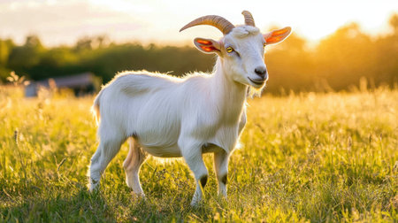 A charming white goat stands in a sunlit meadow, showcasing its graceful presence against a backdrop of golden light during sunset.の素材