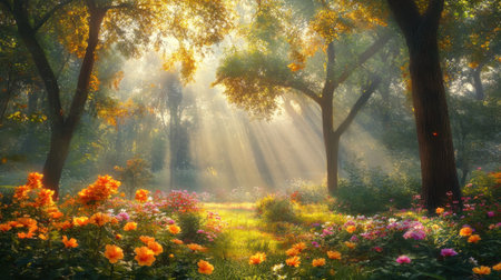 A tranquil forest glade bathed in gentle sunlight, showcasing vibrant flowers in bloom. Lush green trees create a serene atmosphere perfect for nature lovers.の素材