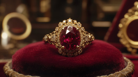 This stunning ruby gemstone ring, featuring intricate gold filigree, adds an air of elegance and luxury, ideal for fine jewelry collections and special occasions.の素材