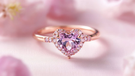This stunning pink heart-shaped ring features a sparkling gemstone surrounded by delicate crystals, beautifully showcased against a soft pink floral backdrop.の素材