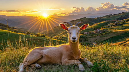 A serene goat lounging in a lush green meadow as the sun sets behind rolling hills. The vibrant colors of the sky create a picturesque backdrop.の素材