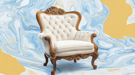 This elegant vintage armchair features intricate wooden details and luxurious upholstery, perfectly blending classic style with a modern artistic backdrop.の素材