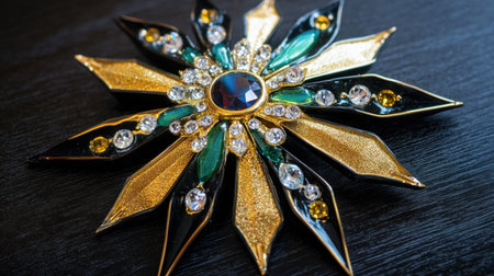 This stunning star-shaped brooch features a gold and black design adorned with colorful gemstones. Its intricate detailing and vibrant colors bring elegance and charm to any outfit.の素材