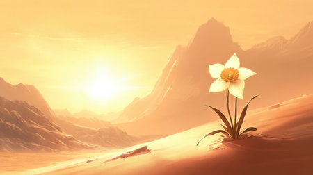A delicate flower stands alone amid a vast desert landscape, with soft sunlight illuminating its petals and surrounding mountains, evoking tranquility.の素材