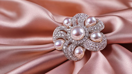 This exquisite brooch features lustrous pearls and sparkling diamonds gracefully arranged on luxurious satin. Ideal for enhancing any outfit.の素材