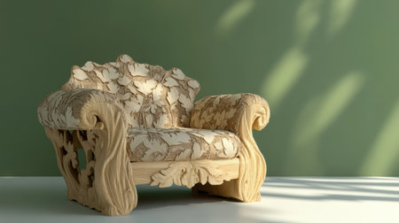 A stunning vintage wooden chair featuring intricate floral upholstery sits elegantly against a soft green wall, capturing light and texture beautifully.の素材