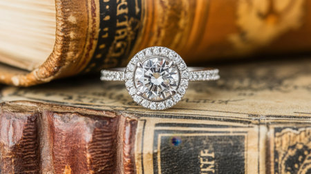 A stunning diamond engagement ring nestled on a vintage leather-bound book, showcasing its intricate design and sparkling brilliance in warm, inviting tones.の素材