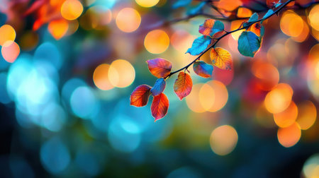 A stunning close-up of autumn leaves with vibrant colors set against a blurred bokeh background, evoking a dreamy and serene outdoor atmosphere.の素材