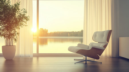 A modern chair positioned by a large window offers a stunning view of a tranquil lake at sunrise. Soft sunlight filters through elegant curtains, creating a warm and inviting atmosphere perfect for relaxation.の素材