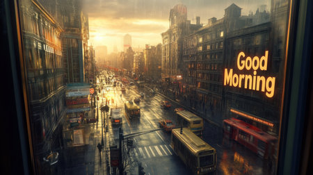 A beautiful cityscape captured at sunrise shows rainy streets reflecting warm light, with a cheerful 'Good Morning' message offering a serene urban vibe.の素材