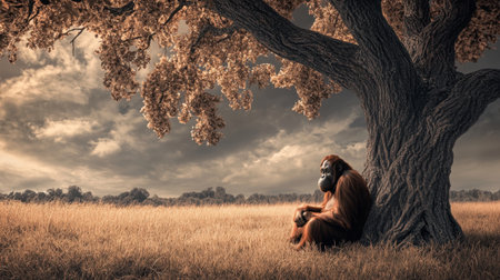 A majestic orangutan sits peacefully under a large tree, surrounded by golden grasses and warm autumn colors, embodying serenity in nature.の素材