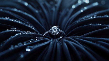 This captivating image features a sparkling engagement ring delicately positioned on a rich fabric surface adorned with glistening water droplets, embodying elegance and romance.の素材