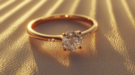 An elegant rose gold engagement ring featuring a sparkling round diamond, beautifully illuminated by warm sunlight on a textured surface.の素材