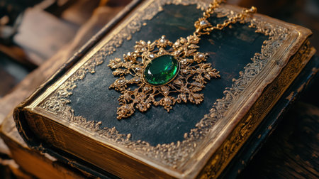 An exquisite close-up of vintage jewelry featuring an intricate gold design with a rich green gemstone, elegantly placed on an antique book, showcasing timeless beauty.の素材