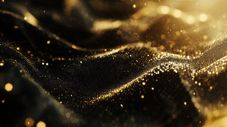 This mesmerizing image showcases an elegant black fabric adorned with dazzling golden glitter particles, creating a luxurious and captivating abstract texture. The interplay of light and shadows enhances the beauty and richness of the fabric, making it an ideal choice for backgrounds and artistic designs.の素材