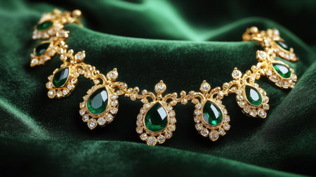 This stunning gold necklace features intricately designed green gemstones and sparkling diamonds, elegantly resting on soft dark green fabric, highlighting luxury.の素材
