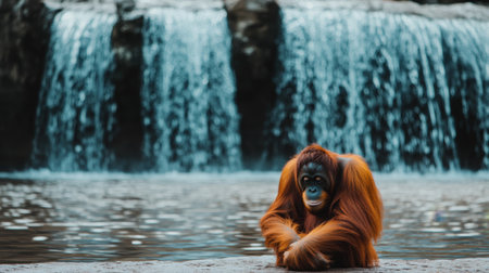 An orangutan rests beside a stunning waterfall, showcasing its vibrant orange fur against a backdrop of lush greenery. This serene scene highlights the beauty of wildlife in its natural habitat.の素材