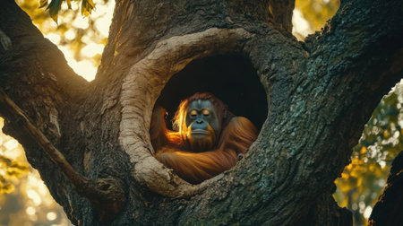 A serene orangutan lounges inside a tree hollow, bathed in warm sunlight, creating a tranquil atmosphere amid lush greenery in a natural habitat.の素材