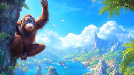 A captivating image of a playful orangutan hanging from a tree branch, framed by a stunning tropical landscape with clear blue waters and lush greenery.の素材