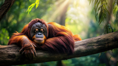A tranquil orangutan peacefully resting on a branch in a vibrant rainforest. Soft sunlight filters through the lush foliage, creating an idyllic atmosphere.の素材
