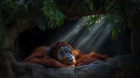 This beautiful image captures an orangutan peacefully resting in a tropical environment, with sunlight highlighting its vivid fur and serene expression.の素材