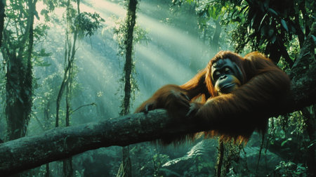 A tranquil scene of an orangutan resting on a tree branch in a vibrant rainforest, with beautiful sunlight filtering through the thick foliage.の素材