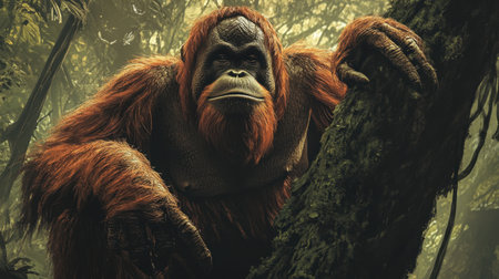 This striking portrait of an orangutan highlights the beauty and majesty of this incredible primate in its lush jungle habitat, emphasizing conservation needs.の素材
