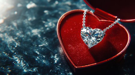 A breathtaking heart-shaped diamond necklace nestled in a luxurious red jewelry box, perfect for expressing love and elegance on any special occasion.の素材