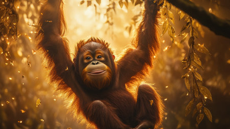 A young orangutan joyfully swings from a tree branch in a vibrant rainforest. Sunlight filters through the lush foliage, creating a serene and playful atmosphere in nature.の素材
