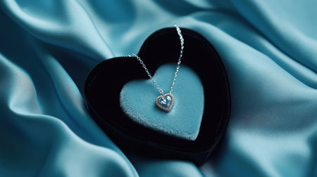 A stunning silver heart necklace rests elegantly in a black velvet jewelry box, set against a backdrop of soft blue silk fabric, perfect for special occasions.の素材