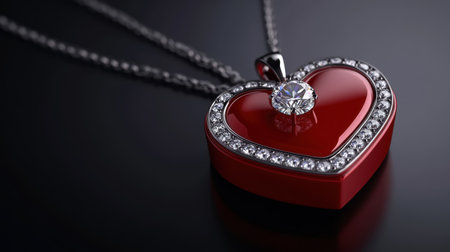 This stunning heart-shaped pendant necklace features a vibrant red design, adorned with a sparkling diamond centerpiece and an elegant silver chain, perfect for gifts.の素材