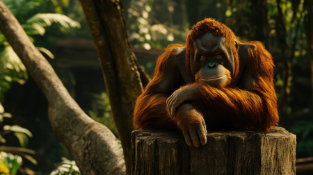 A thoughtful orangutan rests on a tree stump in a vibrant tropical jungle, showcasing its striking orange fur and calm demeanor amidst lush greenery.の素材