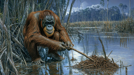 An orangutan sits in a serene marshland, crafting a nest from twigs and leaves. This captivating scene showcases the animal's natural behavior and habitat.の素材